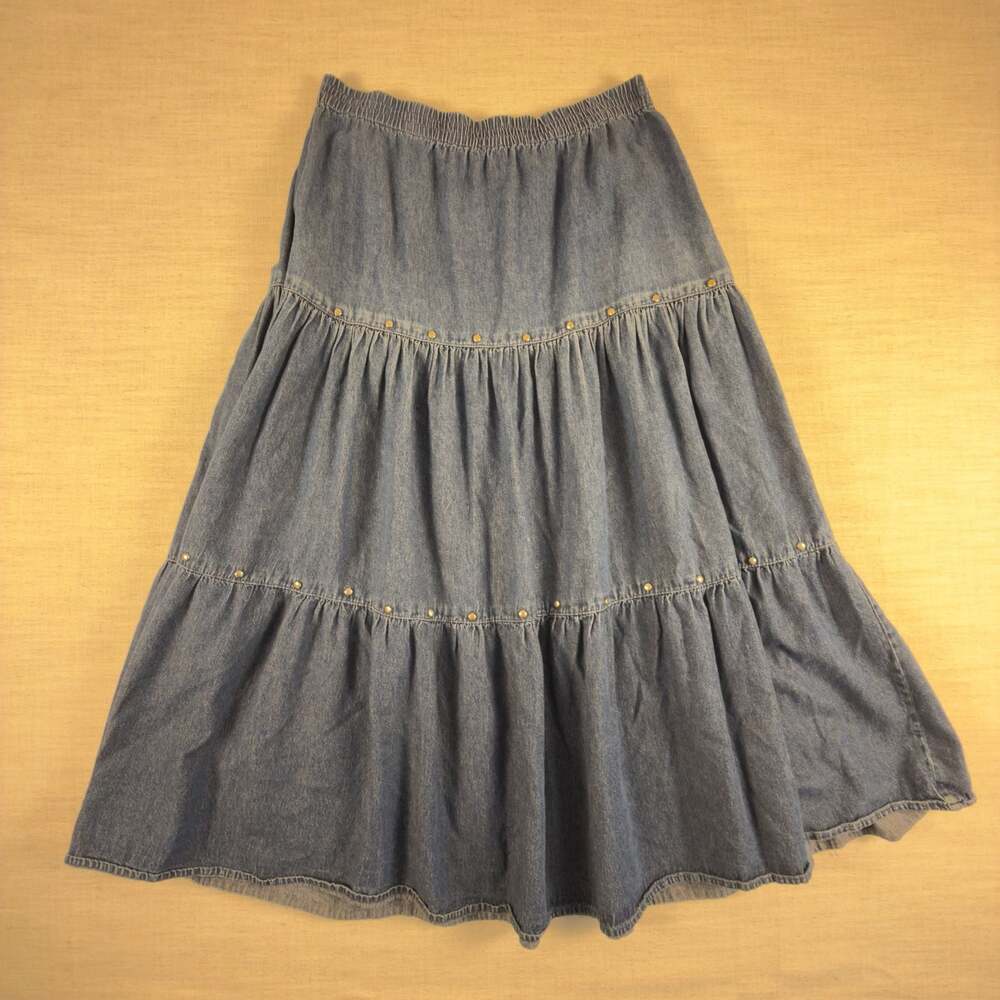 Two Twenty Collection Tiered Studded Denim Midi Skirt Size Medium